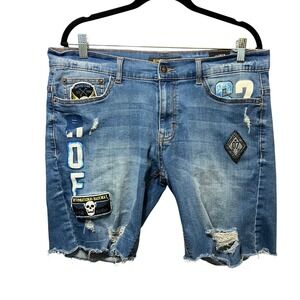 Ring of Fire Mens Distressed Denim Shorts Patches Raw Hem Size 32 Jorts Cut Offs
